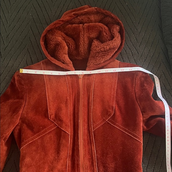 Vintage Burnt Orange Suede Leather Hooded Belted Coat, Fits XXS, Made in Uruguay - Picture 10 of 12